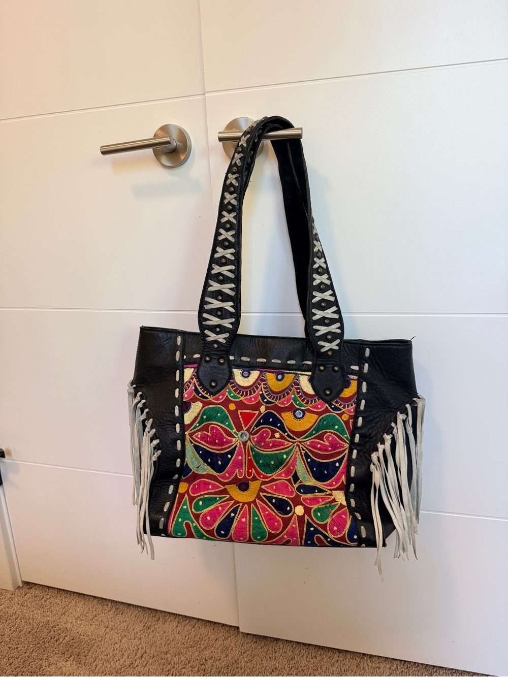Vintage Addiction One of a Kind Black Leather Embroidered Fringe Boho Tote Bag